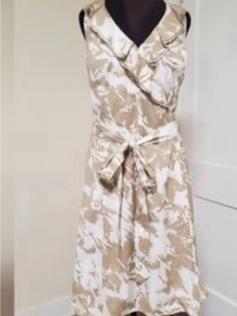 Ann Taylor Beige and White Sleeveless Dress with ruffle around top and tie waist